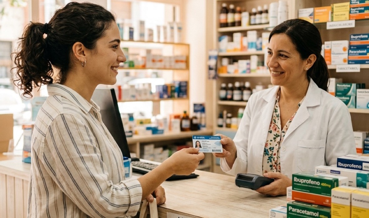 Persona en una farmacia argentina mostrando su credencial de prepaga al farmacéutico