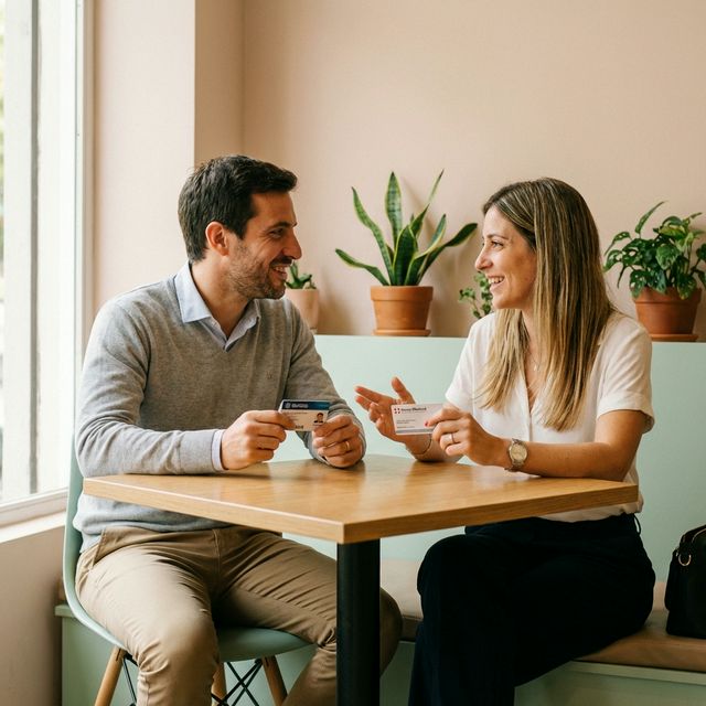 Dos personas comparando opciones de prepagas OSDE y Swiss Medical