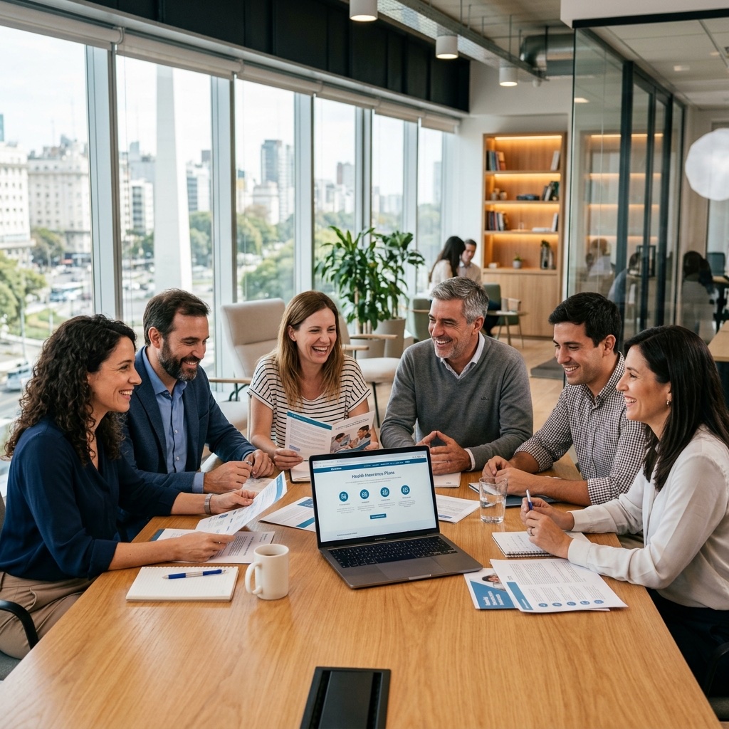 Equipo de trabajo en oficina moderna revisando opciones de cobertura médica