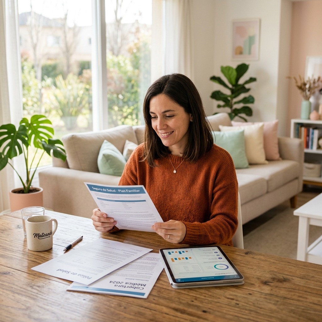 Mujer joven en un living moderno revisando documentos de su prepaga con tranquilidad y confianza