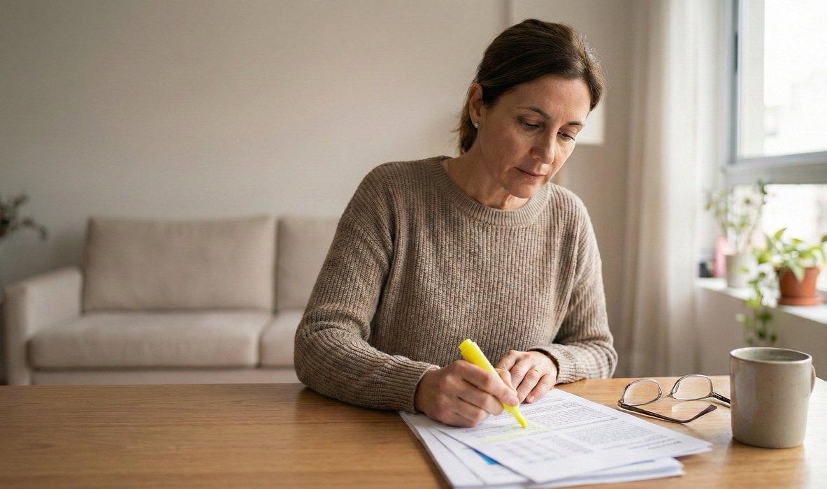 Persona revisando condiciones de un plan de salud con checklist