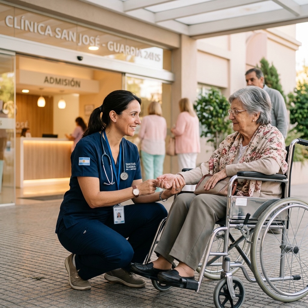 Médico atendiendo a un paciente en la entrada de una guardia de sanatorio