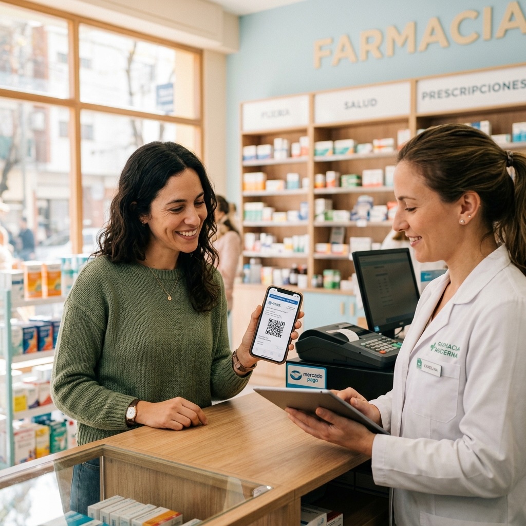 Persona mostrando una receta médica digital en la pantalla de su celular en una farmacia