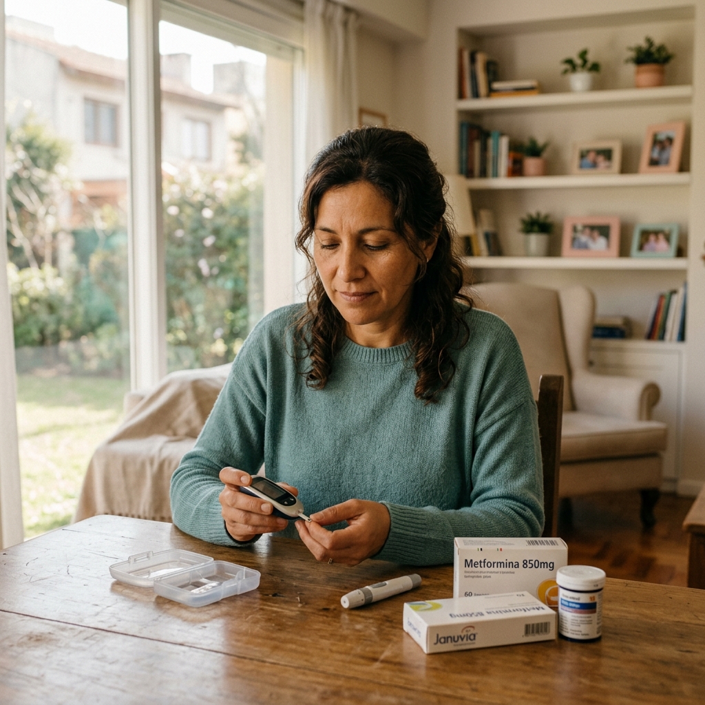 Persona midiéndose la glucemia en su casa con un glucómetro y la medicación al lado