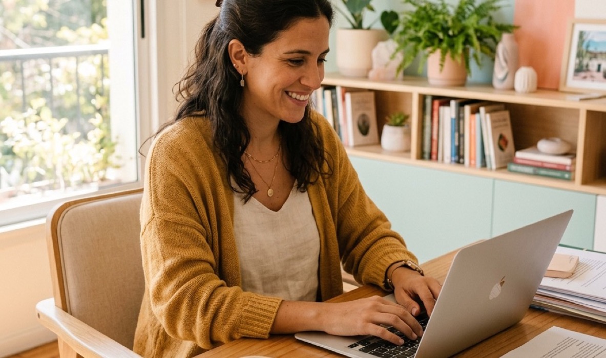 Emprendedora argentina trabajando desde su oficina con una laptop